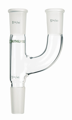 A photograph of a CG-1020-01 Claisen adapter with 24/40 ground glass joints.