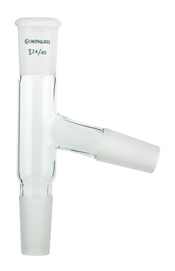 A photograph of a CG-1022-01 distillation adapter with 24/40 joints and a 75 degree angle sidearm.