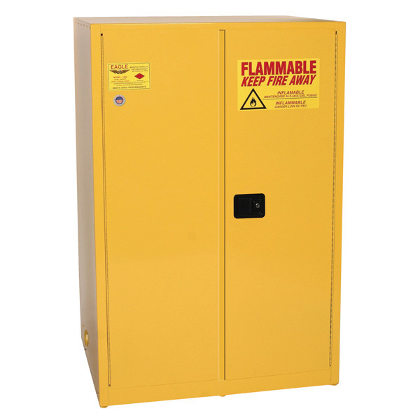 Photograph of front of closed flammable liquid safety cabinet.