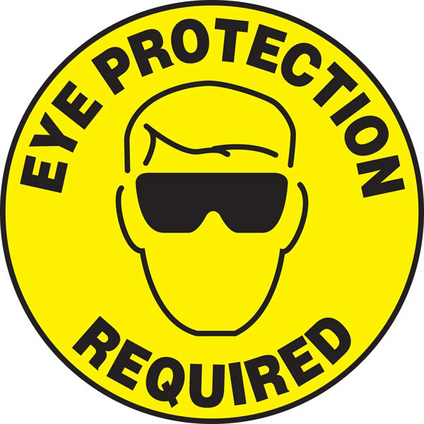 An image of a Slip-Gard™ Floor Sign.  This yellow sign has "EYE PROTECTION REQUIRED" in black lettering around circumference of the sign with a graphic of a face with safety glasses in the center.