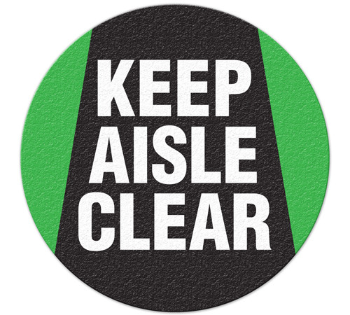 A photograph of an anti-slip safety floor markers, reading keep aisle clear.