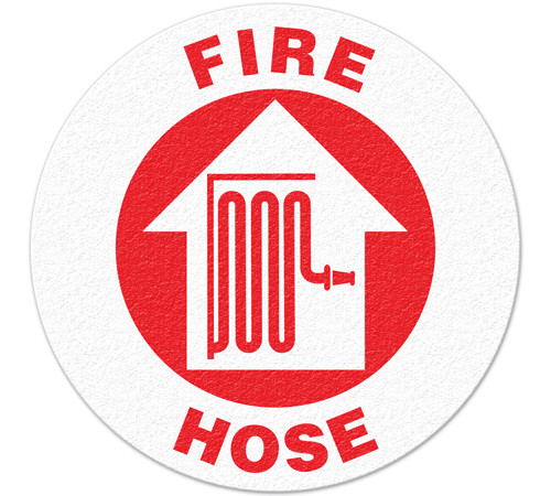 A red and white photograph of a 05236 anti-slip safety floor markers, reading fire hose with graphic.
