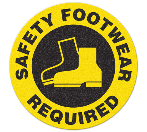 A yellow and black photograph of a 05213 anti-slip safety floor markers, reading safety footwear required with graphic.