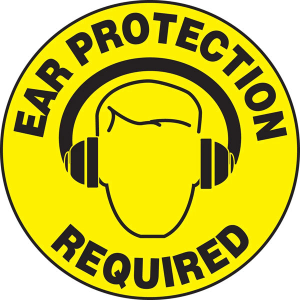 An image of a Slip-Gard™ Floor Sign.  This yellow sign has "EAR PROTECTION REQUIRED" in black lettering around the circumference of the sign with a graphic of a face with ear protection in the center.