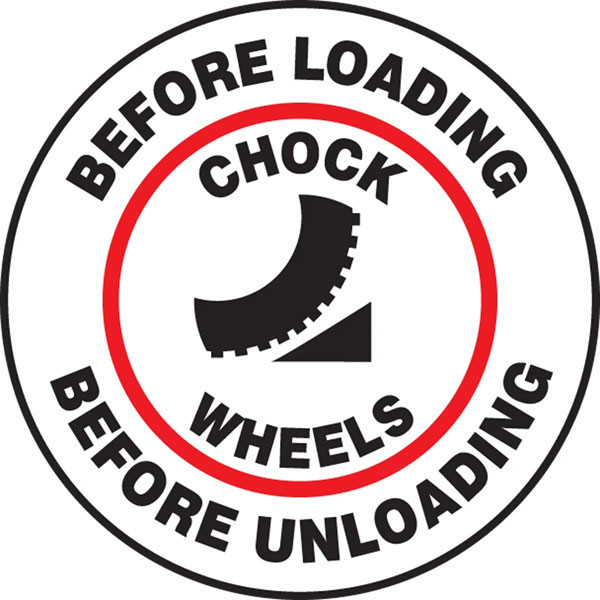 An image of a Pavement Print™ Floor Sign.  This  white sign has "BEFORE LOADING, BEFORE UNLOADING" in black lettering around the circumference of the sign. "CHOCK WHEELS" in black lettering surrounds a chocking graphic within a red circle in the center of the sign.