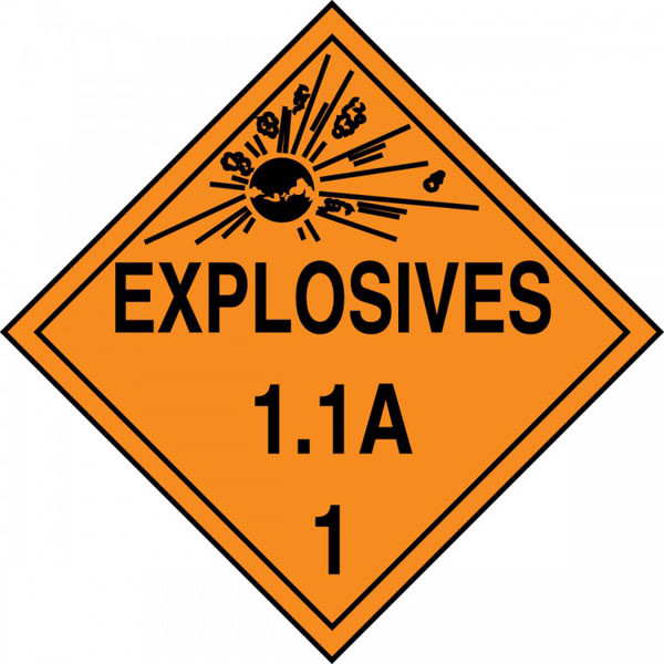 DOT Explosives Placards, Class 1.1 w/ Compatibility Group Letter