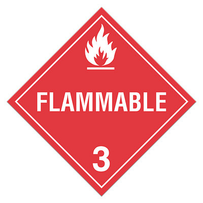 A red and white photograph of a 03107 class 3 dot hazardous material placards, reading flammable with graphic.