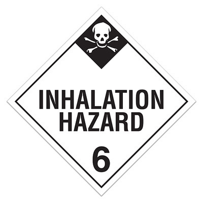 A white and black photograph of a 03118 class 6 dot hazardous material placards, reading inhalation hazard 6 with graphic.