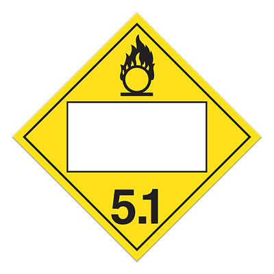 A yellow and white photograph of a 03148 4 digit blank class 5 dot placards, with oxidizer graphic.