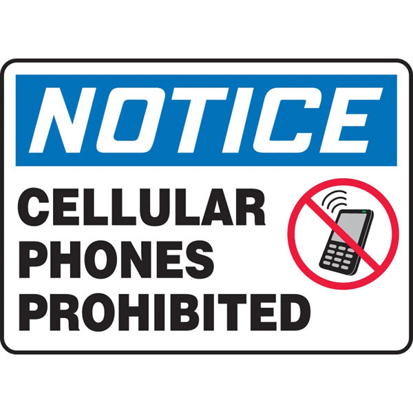 An image of safety sign 03199.  These signs feature a traditional OSHA blue "NOTICE" header.   The black text below reads "Cellular phones prohibited" with a graphic of a cell phone in a circle with a line through it to the right of the text.