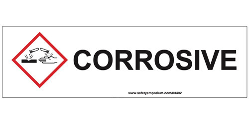 A drawing of a corrosive cabinet label with a GHS corrosive pictogram and the word CORROSIVE in black text.