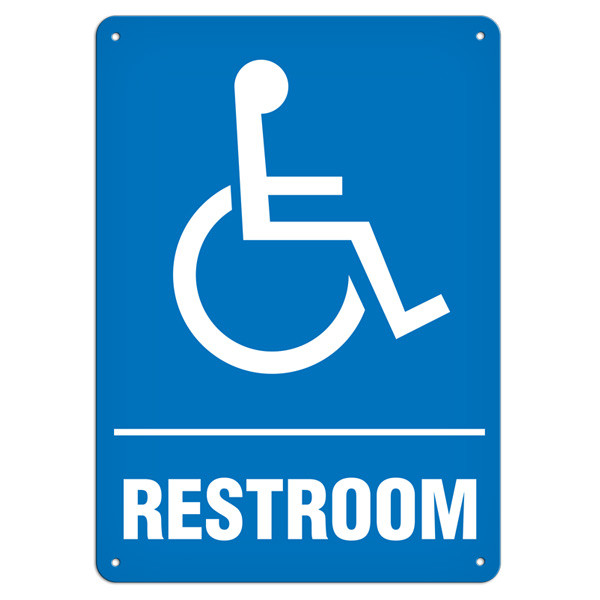A photograph of a 03450 restroom sign.  A white pictograph of the internationally-recognized wheelchair pictogram is above the word "RESTROOM" both in white on a blue background.