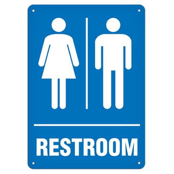 A photograph of a 03463 restroom sign.  White pictographs of the internationally-recognized male and female pictograms are above the word "RESTROOM" all in white on a blue background.