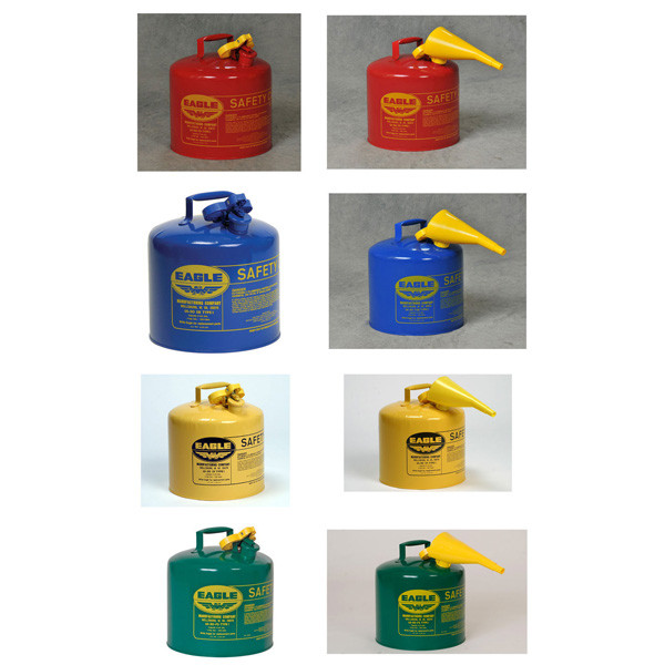 A photograph of a 02106 eagle type I galvanized steel safety cans, with 5 gallon capacity and optional attached funnel.