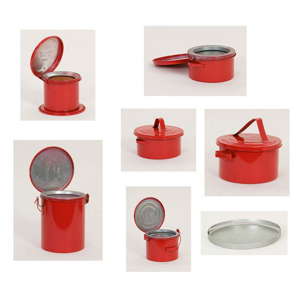 A photograph of red 02144 galvanized steel eagle safety bench and cans.