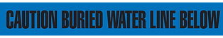 A photograph of blue 05330 utility grade barricade tapes, reading caution buried water line, with 6 or 12 rolls/case.