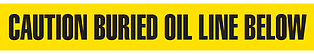 A photograph of yellow 05338 utility grade barricade tapes, reading caution buried oil line below, with 6 or 12 rolls/case.