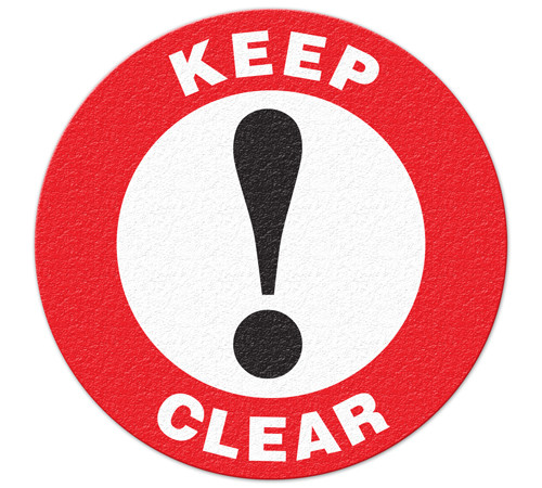 A red and white photograph of a 05254 anti-slip safety floor markers, reading keep clear with graphic.