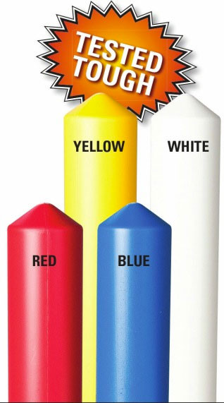 A photograph of four 02280 eagle smooth bollard post sleeves with labeled colors.