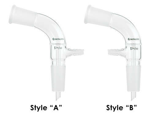 A photograph showing a CG-1050-01 (left; Style A) and a CG-1050-72 (left; style B) next to each other. Both have 24/40 joints.