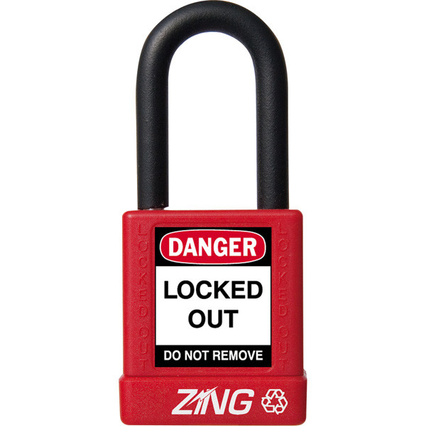 A photograph of a red 07023 zing recyclock insulated safety padlocks with 1.5" shackle.