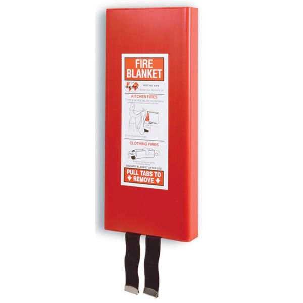 A photograph of a red 09067 low-profile fire blanket with cabinet.