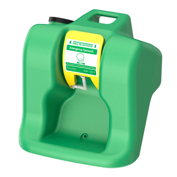 A photograph of a Guardian G1540 AquaGuard Gravity-Flow Portable Eye Wash in the storage position.