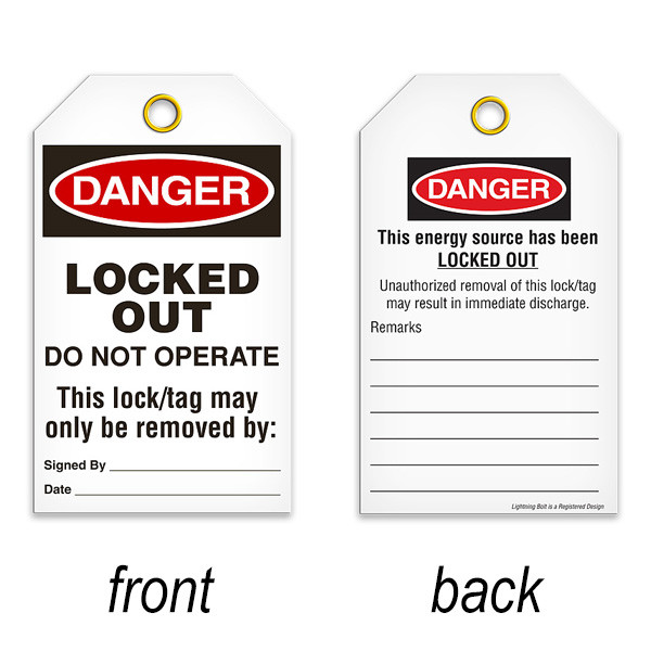 A photograph of a 07078 tag, reading danger locked out do not operate on front, and this energy source has been locked out on back, with 25 per package.
