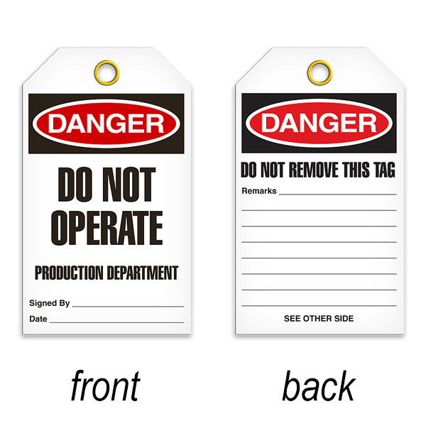 A photograph of a 07083 tag, reading danger do not operate production department on front, and do not remove this tag on back, with 25 per package.