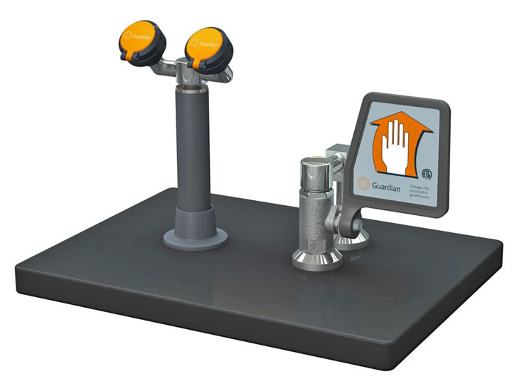 A photograph of a Guardian G5028 Eyewash/Drench Hose Unit mounted on a countertop (countertop not included).