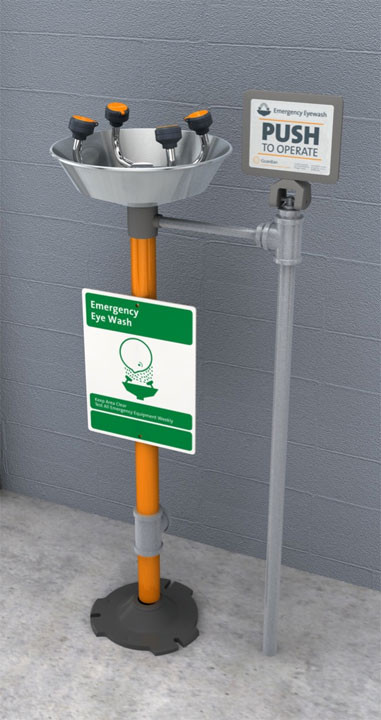 A photograph of aGuardian GFR1704 Freeze-Resistant WideArea™ Eye/Face Wash installed alongside a wall.