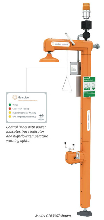 A photograph of a Guardian GFR3300 Heated Safety Station with an inset showing the control panel and caption that reads "Control Panel with power indicator, trace indicator, and high/low temperature warning lights."