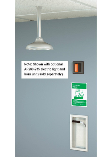 A photograph of a Guardian GBF1670 Recessed Emergency Shower installed on a wall and ceiling, along with an AP280-235 electric light and horn unit (sold separately).