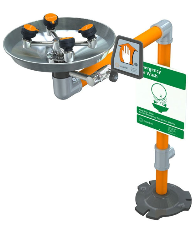 A photograph of a Guardian GBF1704 Barrier-Free WideArea™ Eye/Face Wash, Pedestal Mounted.