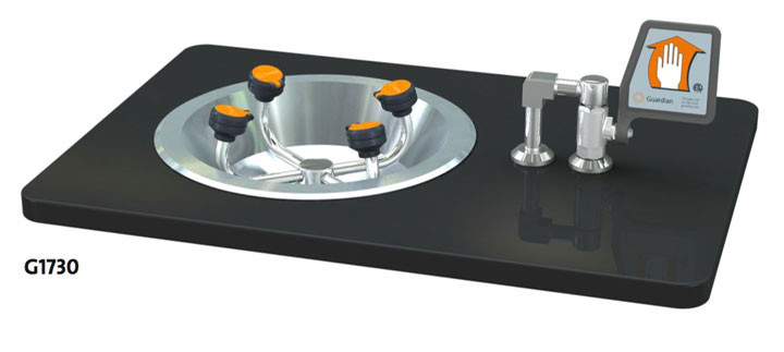 A photograph of a Guardian G1730 WideArea™ Eye/Face Wash, Recess Deck Mounted, Ball Valve with Flag Handle mounted in countertop (countertop not included).