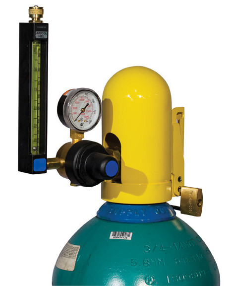 A photograph of a yellow 07200 justrite safety snap cap heavy-duty gas cylinder lockout device with padlock in closed position on gas cylinder.