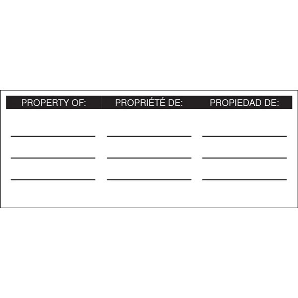 A photograph of  trilingual 07252 labels for 1 3/4" body height plastic padlocks.  Labels have  the header "PROPERTY OF:" in English, Spanish and French followed by several blank lines for writing on.