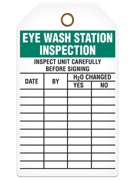 Tag with"Eye Wash Station Inspection" in bold white text on a green background at the top. Beneath this are the instructions stating to "Inspect Unit Carefully Before Signing" in plain black text. Four columns are headed by the words "Date, By, H2o changed yes/no" respectively.