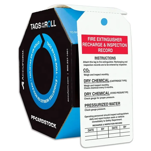 A picture of the tags by the roll box dispensing a single fire extinguisher tag.