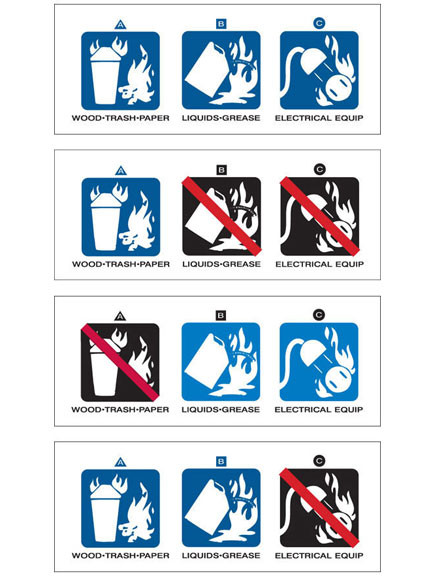 A photograph of a 09395 fire extinguisher labels with NAFED pictograms, and with 5 identical labels per card.