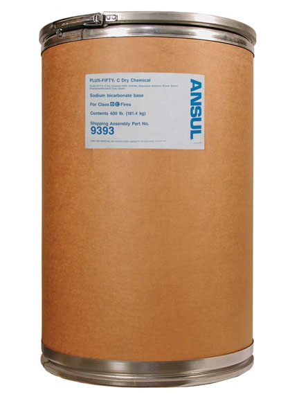 A picture of a 400 lb fiberboard drum of Ansul Plus-Fifty C Class BC Extinguisher Powder.