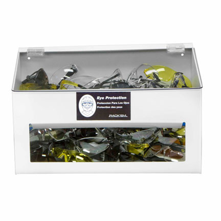 A photograph of a white 06002 large capacity eye protection dispenser.