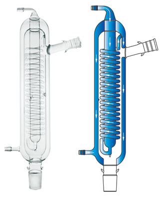 A composite image with a photograph of a CG-1215-C high efficiency condenser on the left and a diagram showing the water flow through the condenser on the right.