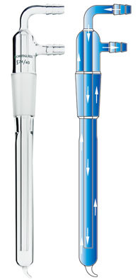 A composite image with a photograph of a CG-1222 cold finger condenser on the left and a diagram showing the water flow through the condenser on the right.