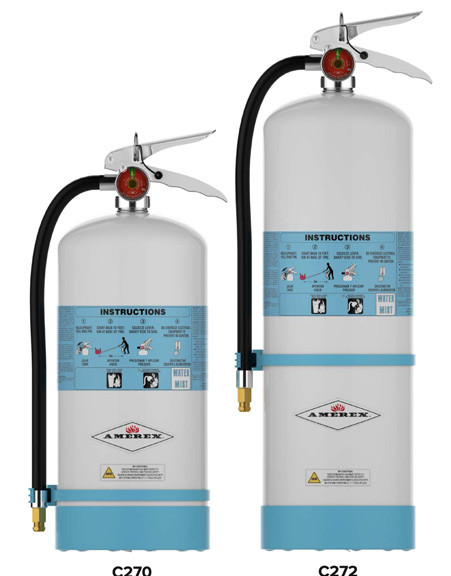 A photograph of an Amerex C270 1.75 gallon water mist extinguisher (left) next to the Amerex C272 2.5 gallon model (right).