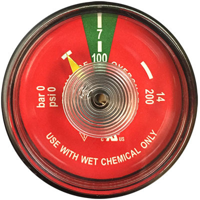 A  photograph of front of a red 09834 K-class (kitchen) extinguisher bourdon gauge.