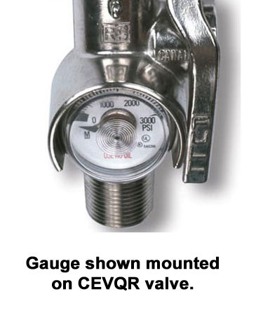 A photograph of a 09835 3,000 psi gauge for wheeled fire extinguishers mounted on CEVOR valve.