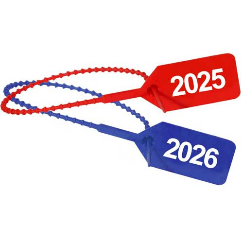 A red 2025 dated seal and blue 2026 dated seal, both of which are looped closed.