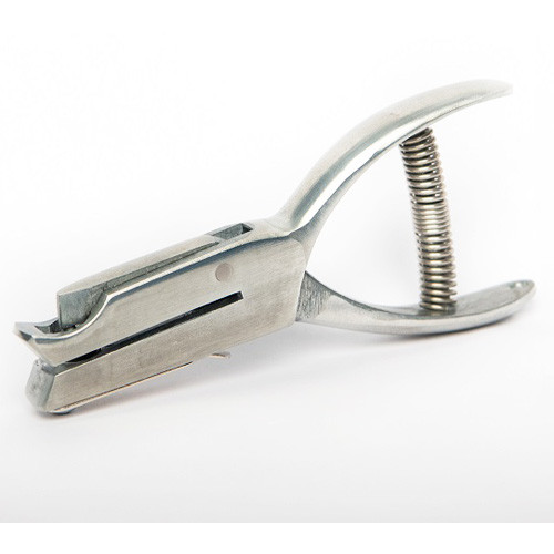 A photograph of a 09873 Heavy Duty Hole Punch w/ Catcher and Alignment Window For Metal Inspection Tags.