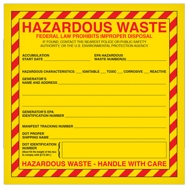 A photograph of a yellow and red 12322 federal hazardous waste labels with 500 per roll.